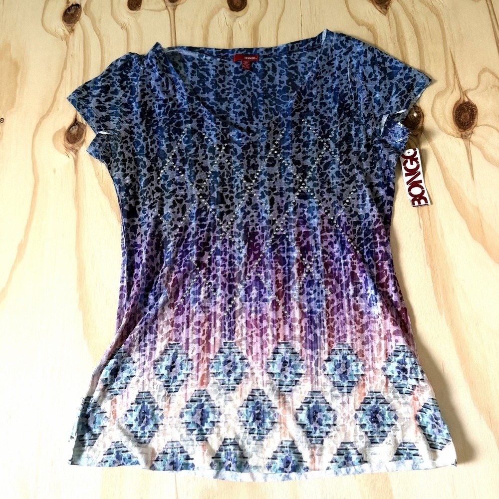 Bongo Vintage Y2k Womens Short Sleeve V-neck Top Ombre Gradient Rhinestone XL